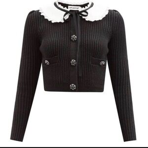 Self-Portrait Black Ribbed Knit Cardigan with Lace Collar and Jewelled Buttons.